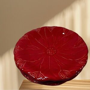 3- New  Red Glazed Ceramic Plates Trinket Dish Flower Shape Pier 1 Japan 8"